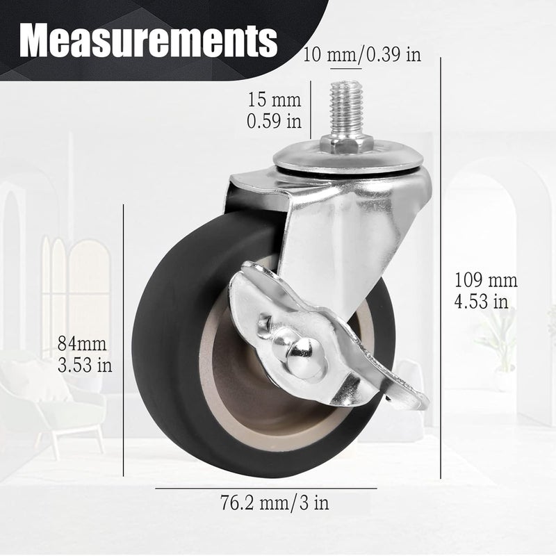 BAISASY Caster Wheels, 3 Inch Stem Casters Set of 4, Heavy Duty Swivel Wheel with Brake, Metric Size M10-1.5-15 (Screw Diameter 10mm, Screw Length 15mm) Casters for Workbench Trolley, Furniture Dolly - Image 2